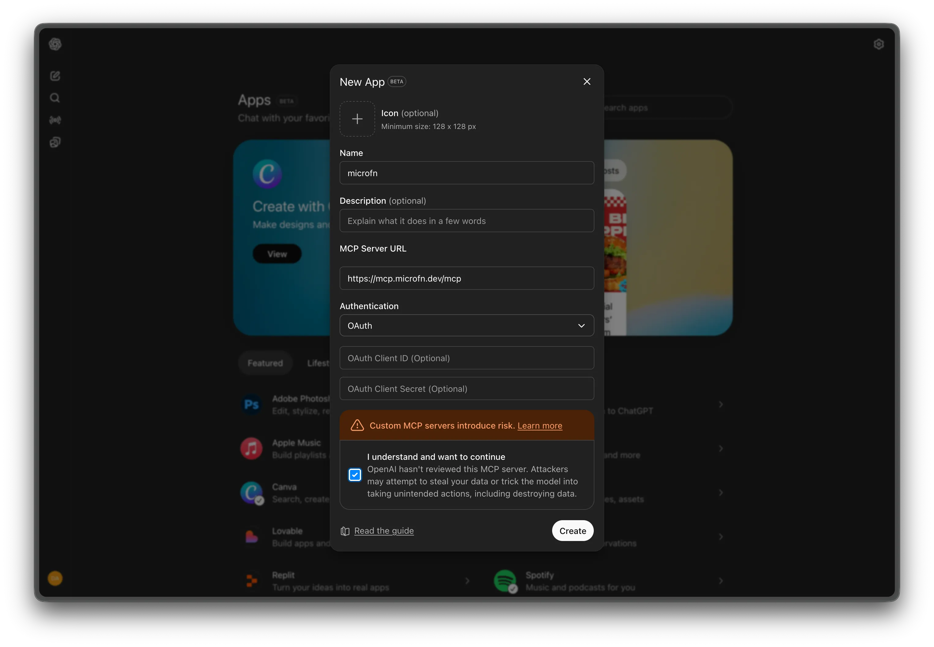 ChatGPT Create App dialog for MCP servers