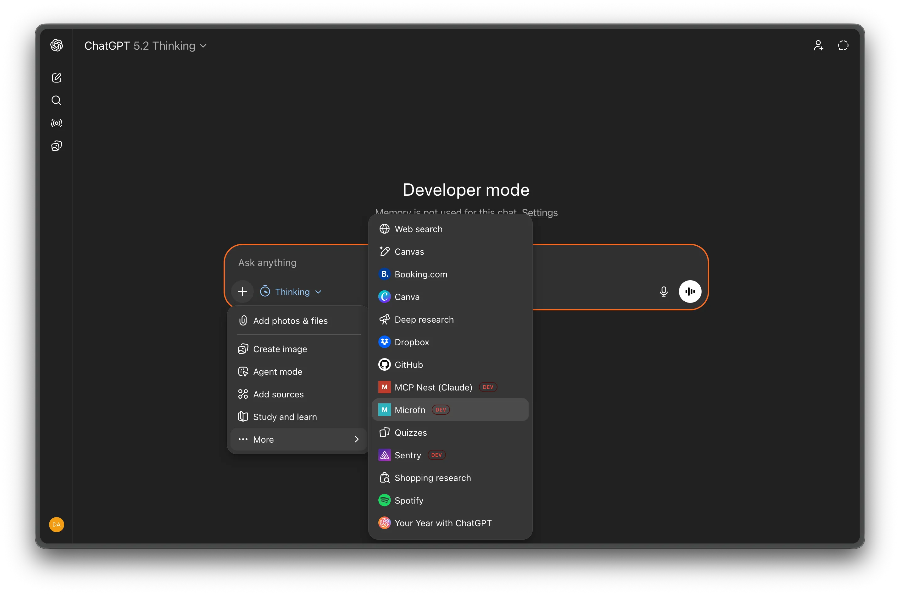 Enabling microfn in a new ChatGPT chat