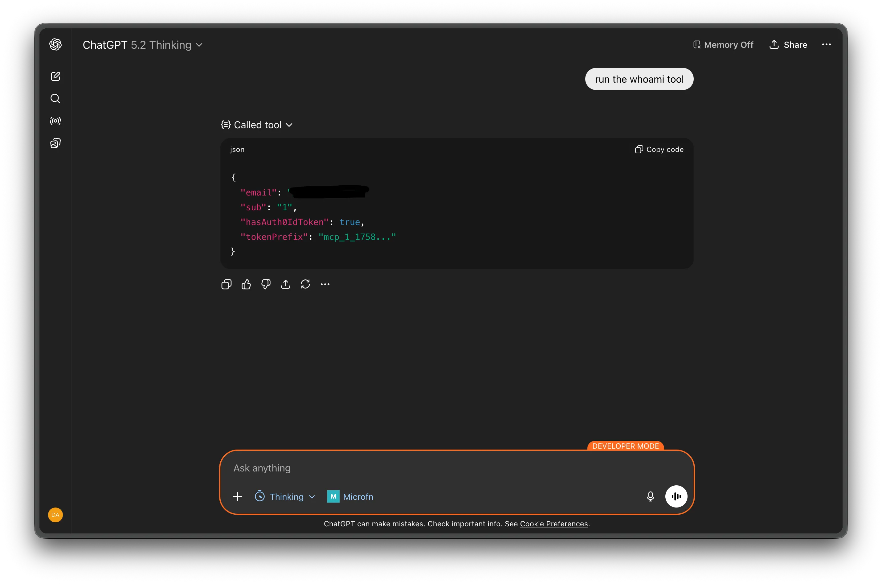ChatGPT execution of whoami using microfn MCP