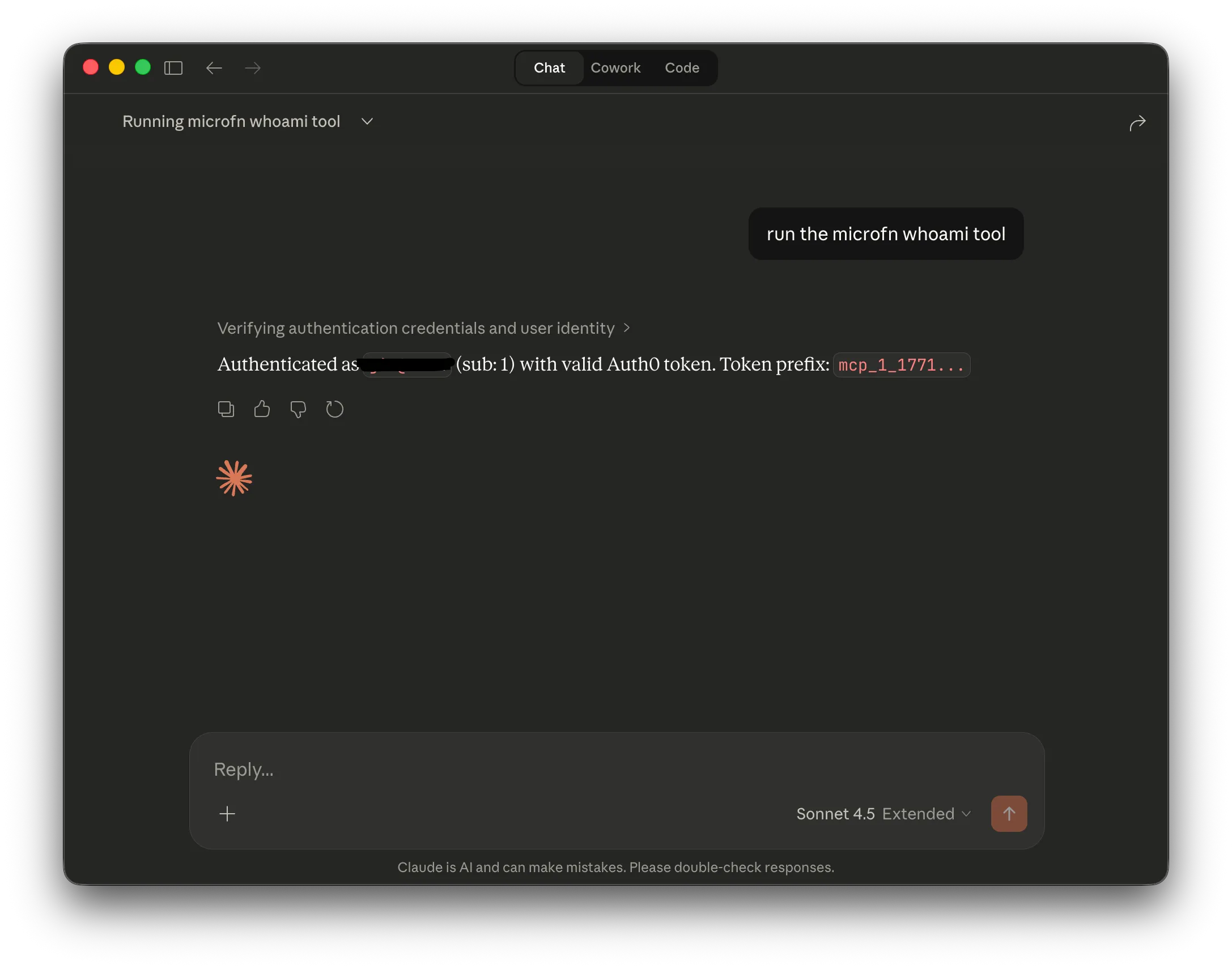 Claude execution of whoami using microfn MCP
