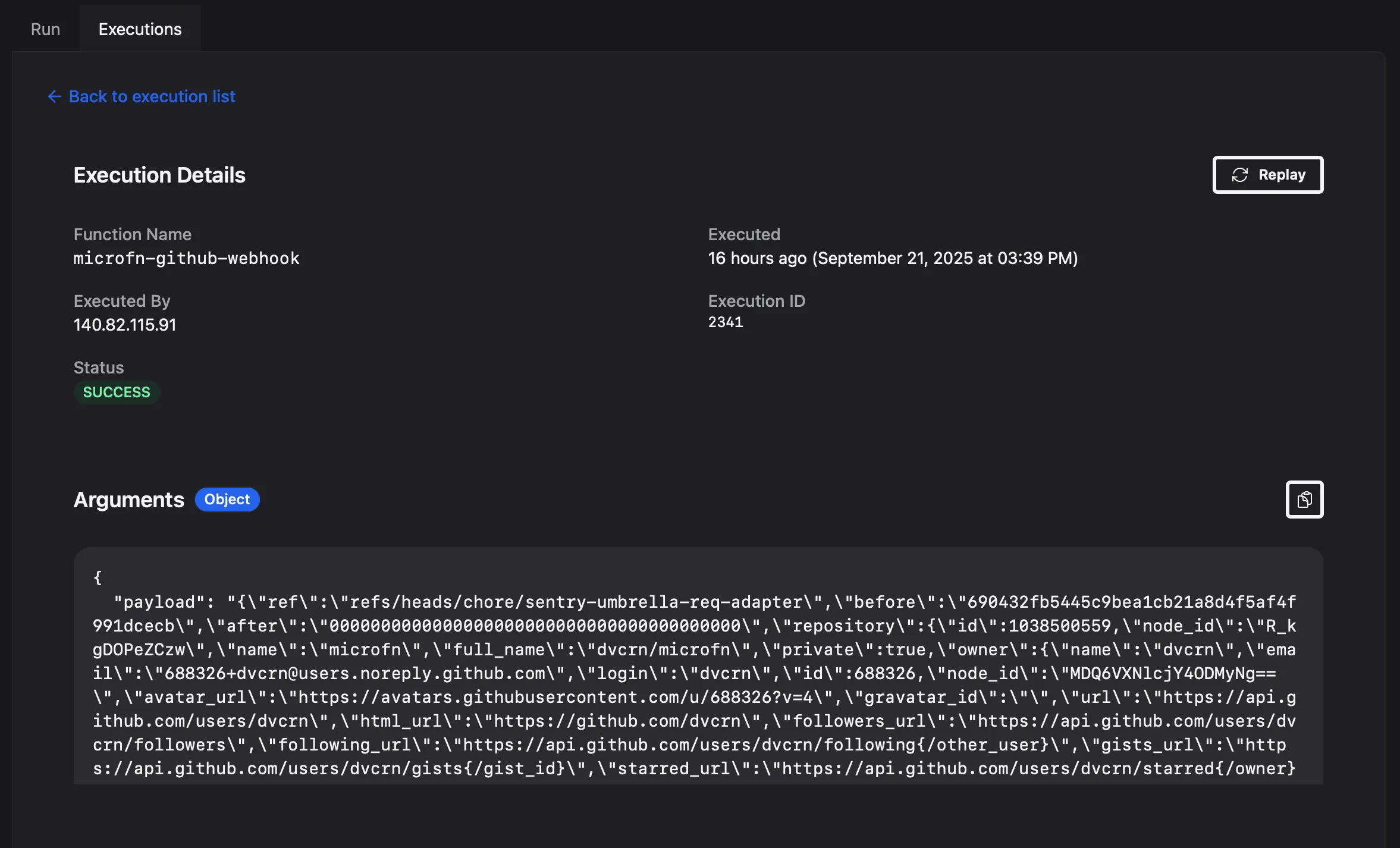Execution detail showing the GitHub webhook payload