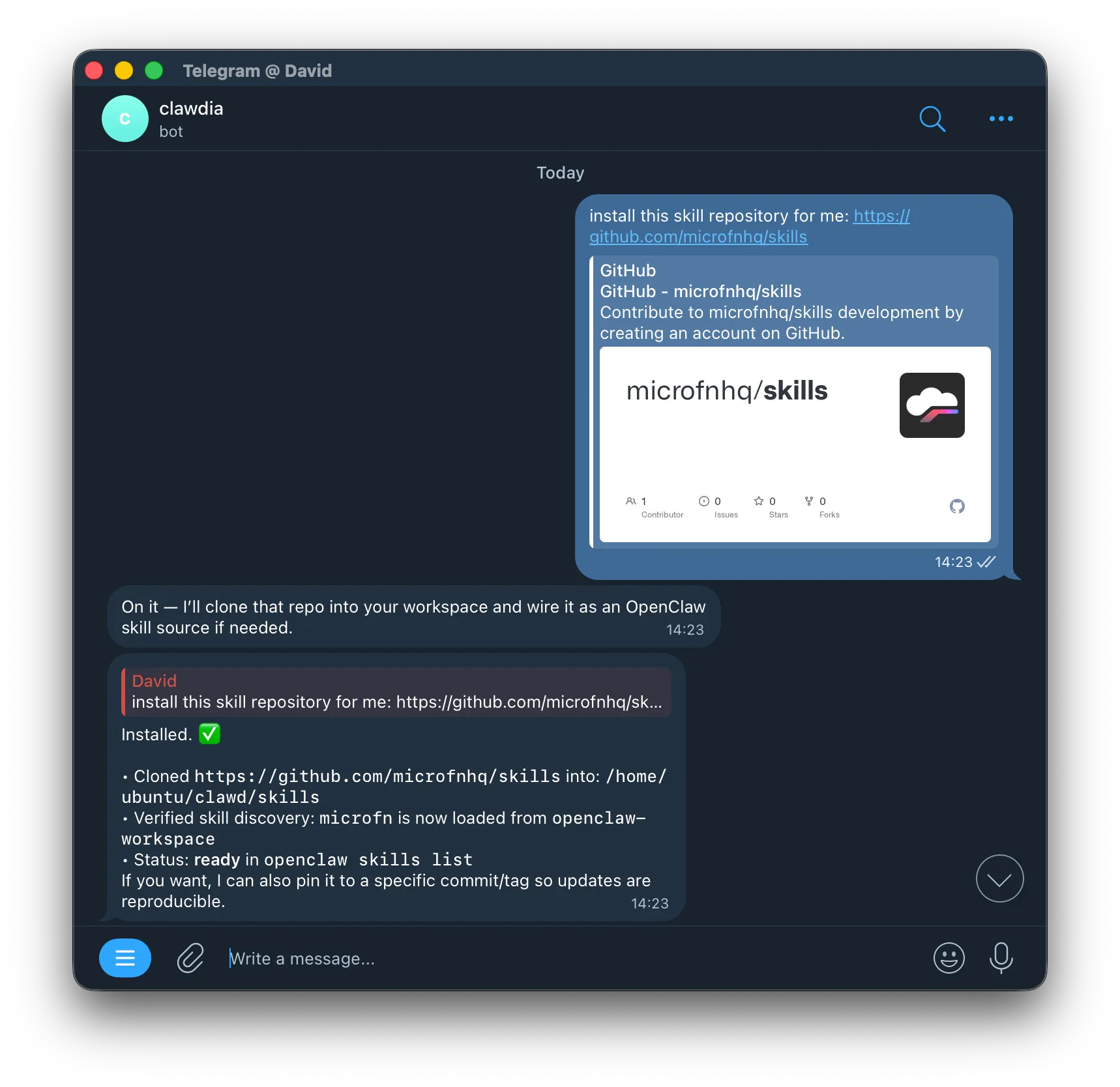 Telling OpenClaw to install the microfn skill via Telegram